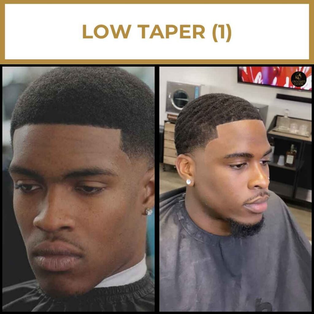 Low Taper Haircut for Black Men Two Black men with low taper haircuts featuring clean fades around the temples and neckline for a sharp, polished look.