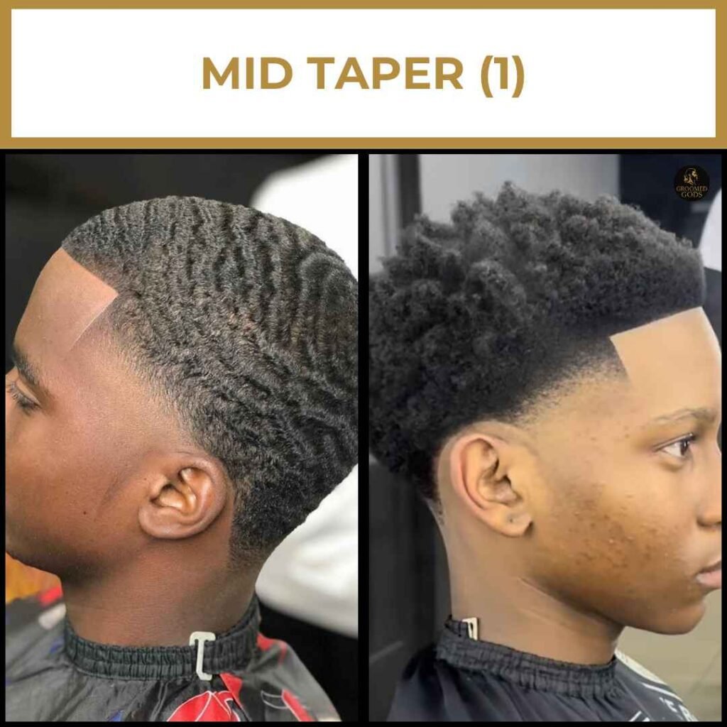 Mid Taper Hairstyle for Black Men Two Black men with mid taper haircuts showing clean fades on the sides—one with waves and one with a natural curly top.