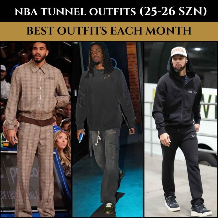 Banner featuring Jayson Tatum, Ja Morant, and Steph Curry in NBA tunnel outfits for the 2025–2026 season, with text reading “NBA Tunnel Outfits (25–26 SZN)” and “Best Outfits Each Month”