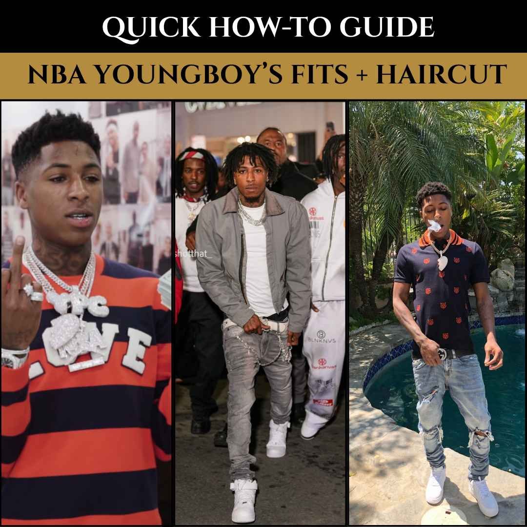 Collage of NBA YoungBoy showcasing his signature outfits and hairstyles, including layered jewelry, casual streetwear, and twist hairstyles featured in a quick how-to guide.