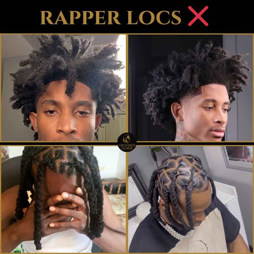 Collage of four rapper-inspired dreadlock hairstyles for Black men, including freeform locs, tapered twists, thick dreads, and braided loc designs