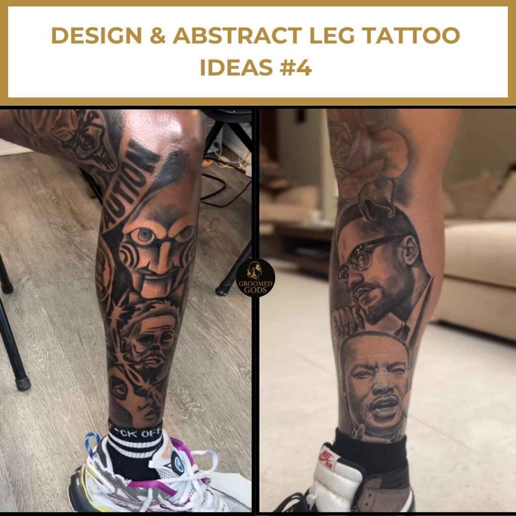 Close-up of two Black men’s legs showing detailed portrait and abstract tattoos featuring realistic faces and artistic designs.
