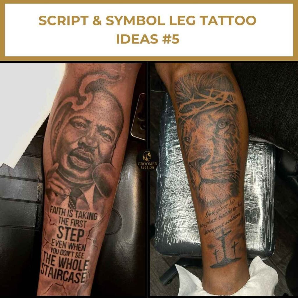 Close-up of two leg tattoos on Black men featuring religious and inspirational script designs — one with a portrait of Martin Luther King Jr. and another with a lion and cross tattoo.