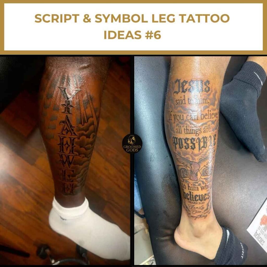 Leg tattoos for Black men featuring bold script and religious designs, including ‘Yahweh’ and Bible verses.