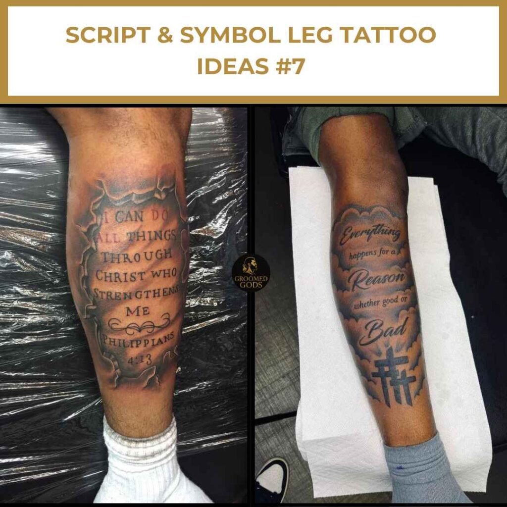 Two Black men showcasing leg tattoos with Bible verses and symbolic lettering — Philippians 4:13 and “Everything happens for a reason” designs.