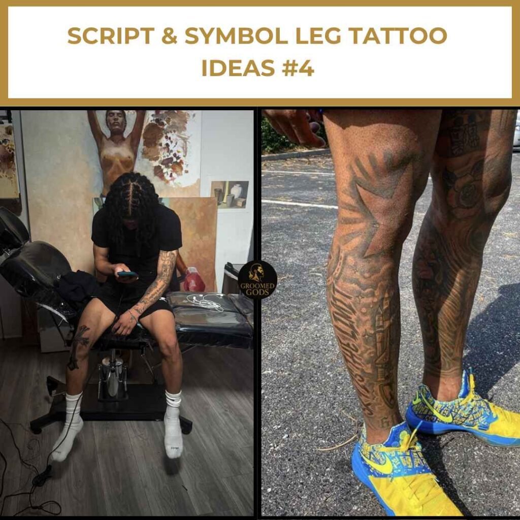 Two leg tattoos on Black men — one sitting in a chair showing a tribal-inspired leg design, and another featuring a detailed symbolic pattern from thigh to calf.