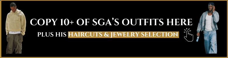 Banner showing two Shai Gilgeous-Alexander outfits with text that reads “Copy 10+ of SGA’s Outfits Here” and “Plus His Haircuts & Jewelry Selection”