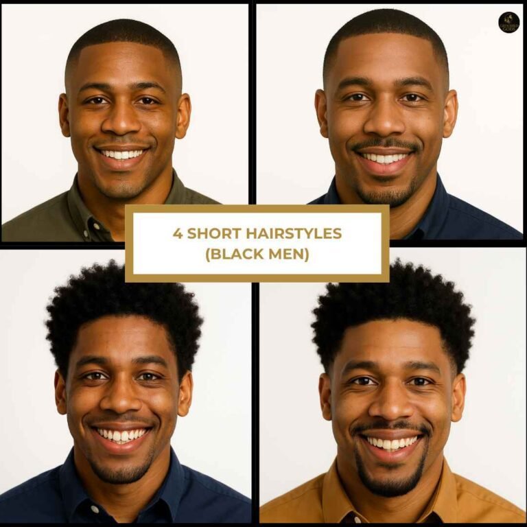 Four Black men showcasing different short hairstyles.