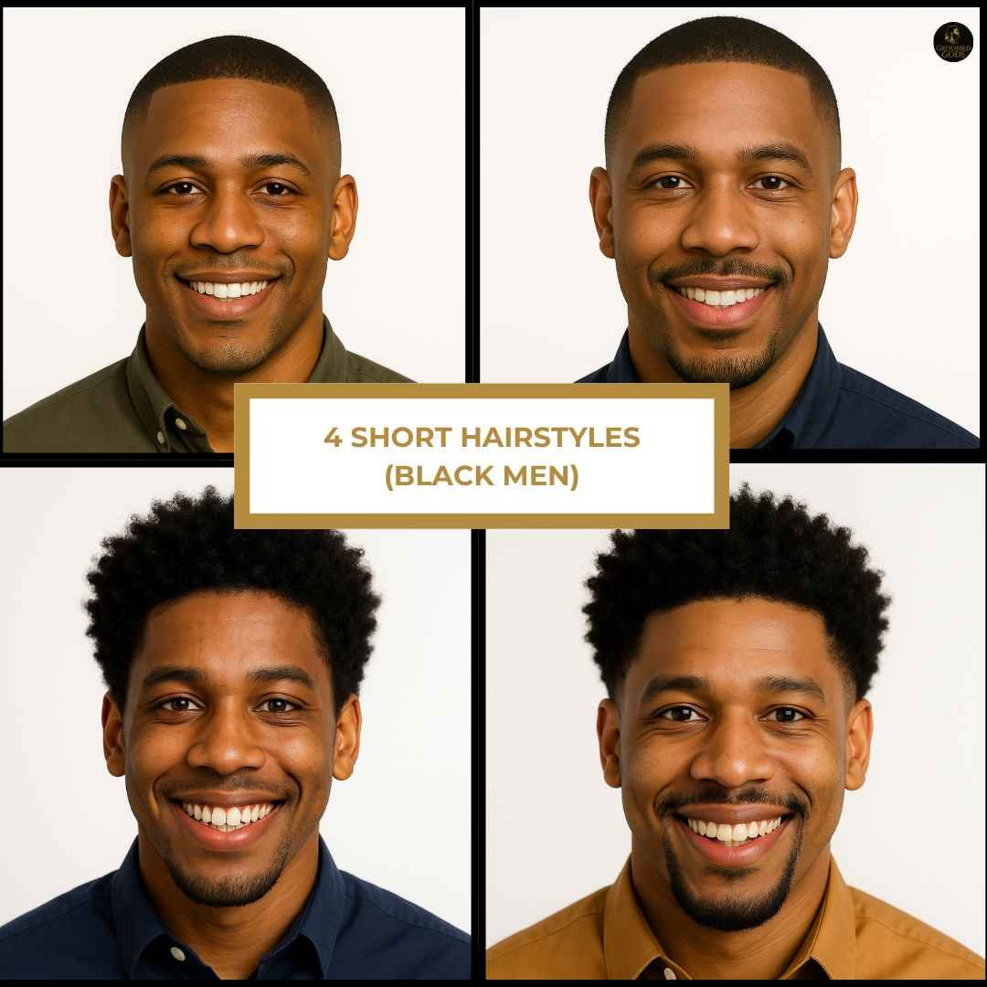 Four Black men showcasing different short hairstyles.