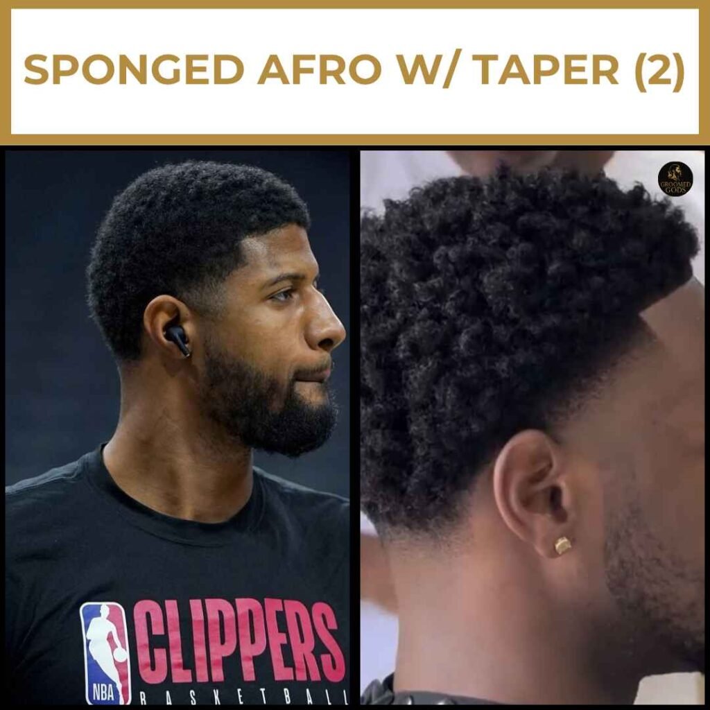 Sponged Afro With Sharp Low Taper Two Black men with sponged afros and sharp taper fades. The curls are tight and defined, with a clean hairline and low taper around the ears and neck.