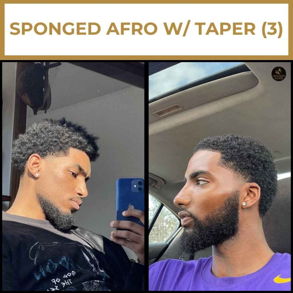 Clean Sponged Afro With Sharp Lineup Two Black men with short, sponged afros and crisp taper fades. Both styles feature clean hairlines, tight curls, and low-maintenance cuts that frame the beard.