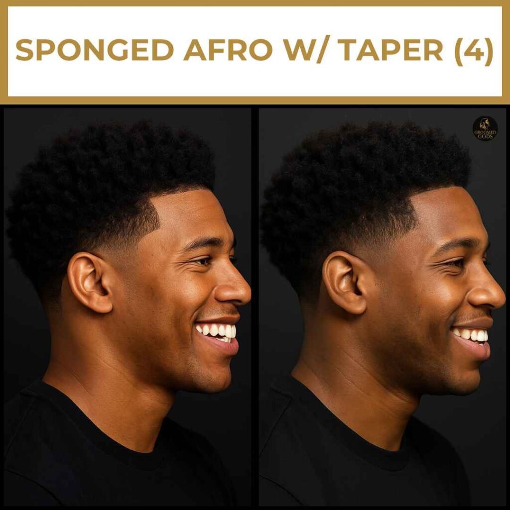 Crisp Afro Taper With Sharp Hairline Smiling Black man with a classic sponged afro and smooth taper fade on both sides. Hairline is sharply defined, giving the cut a polished, low-maintenance look.