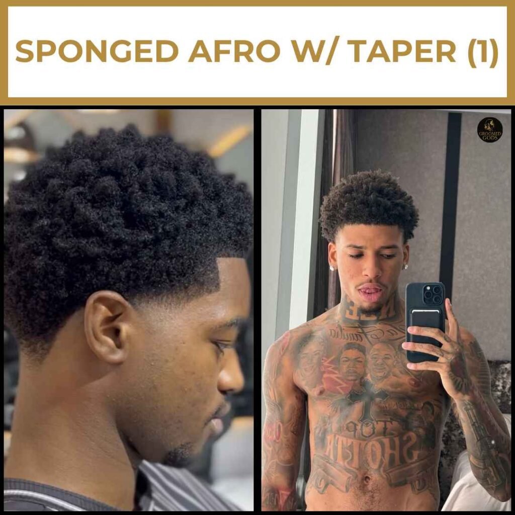 Tapered Sponge Afro With Clean Lineup Two Black men with sponged afro hairstyles and clean taper fades; one has tight coils with a sharp lineup, the other pairs the look with visible chest tattoos in a mirror selfie.