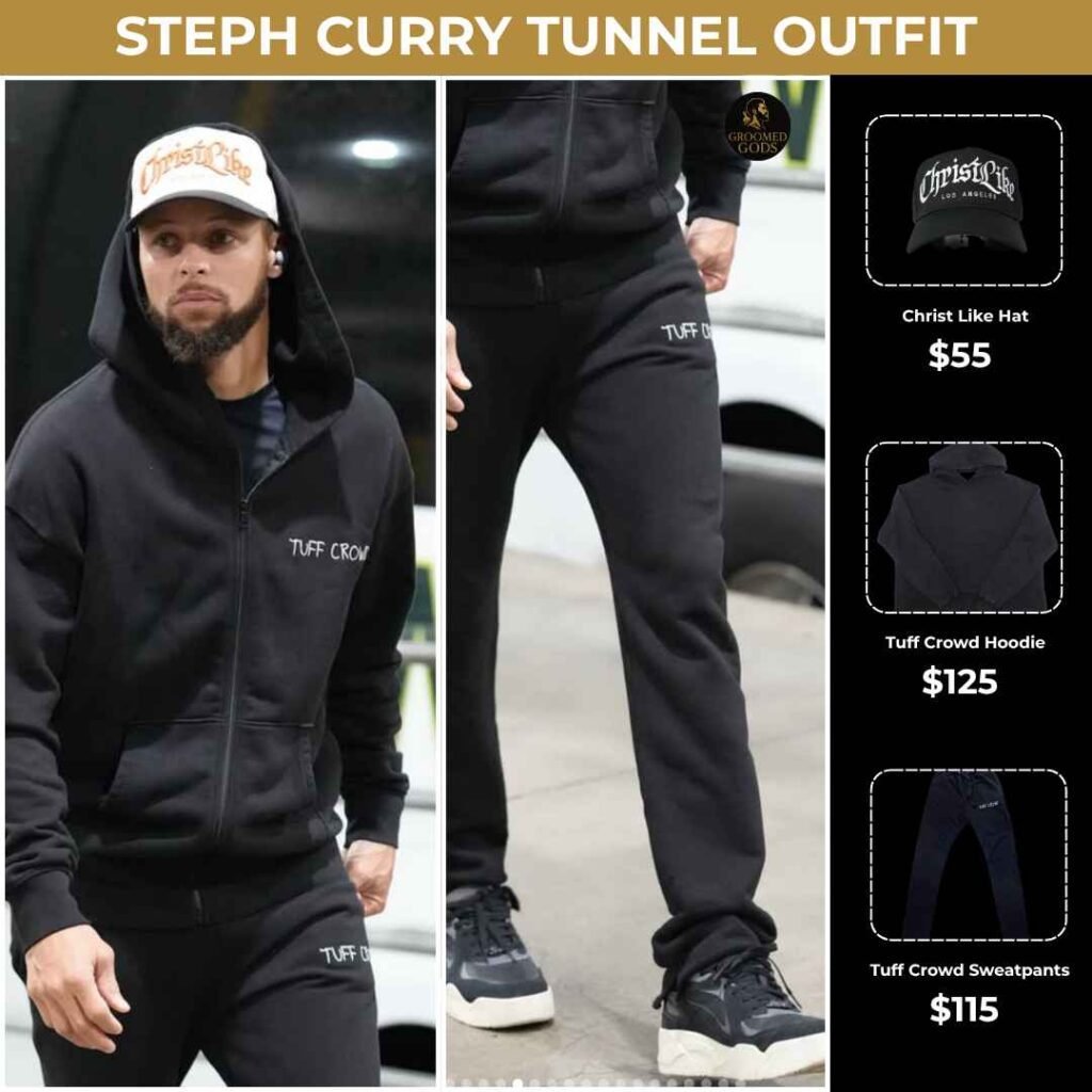 Steph Curry’s Tuff Crowd Tunnel Outfit – October 24, 2025 Steph Curry walking through the NBA tunnel in a full black Tuff Crowd sweatsuit with a Christlike hat, featuring item prices and product images on the right