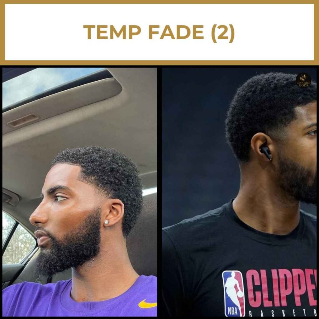 Temp Fade Hairstyle for Black Men Two Black men with clean temp fades and full beards, showing a natural textured top with a sharp lineup.
