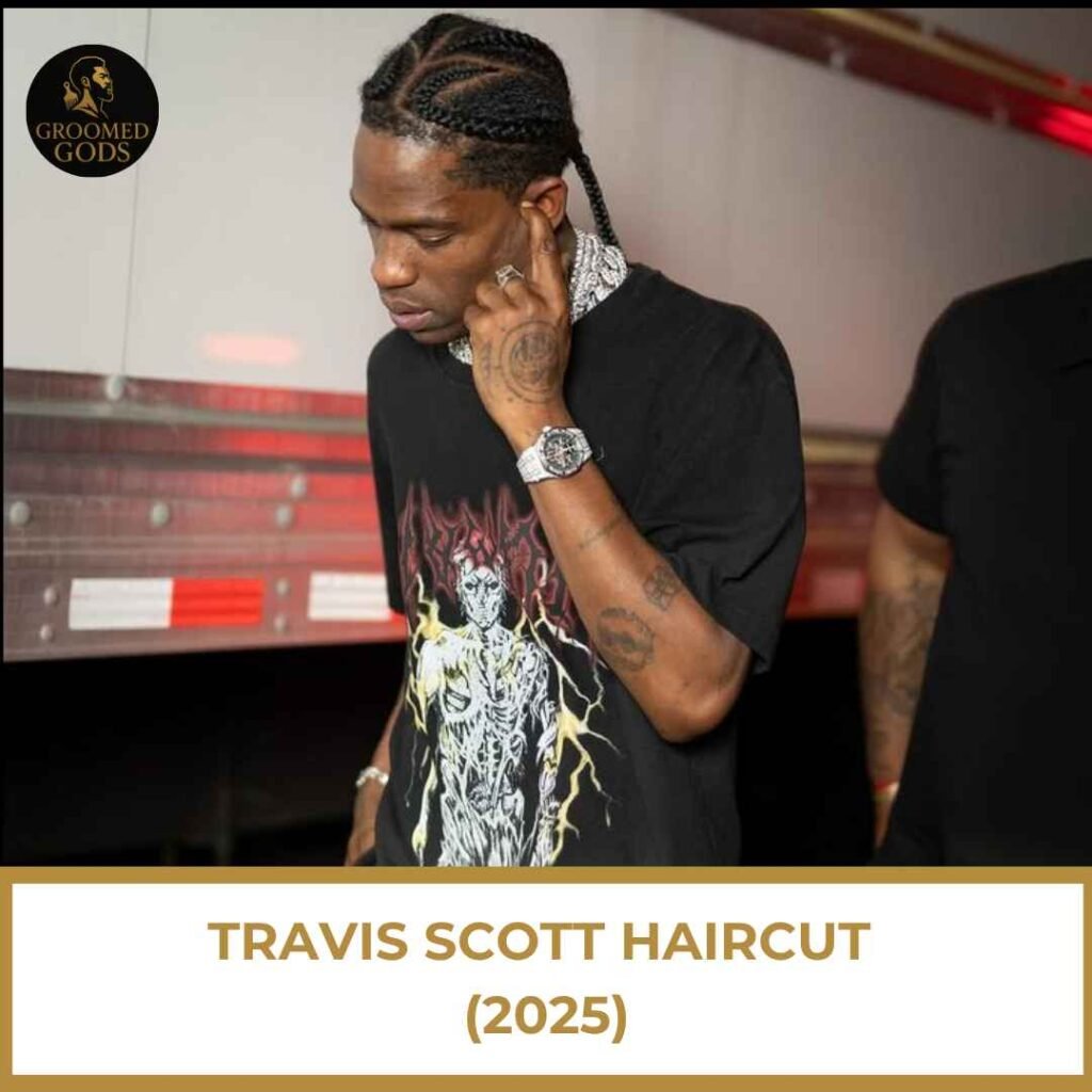 Travis Scott Haircut (2025) Travis Scott with three stitch-back braids and a high taper, showcasing his current 2025 hairstyle.