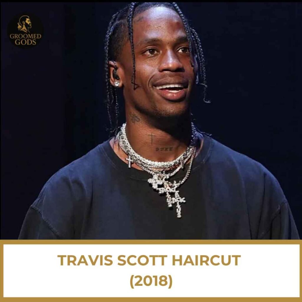 Travis Scott Haircut (2018) Travis Scott wearing high-taper braids with a clean lineup, showcasing his 2018 signature haircut style.