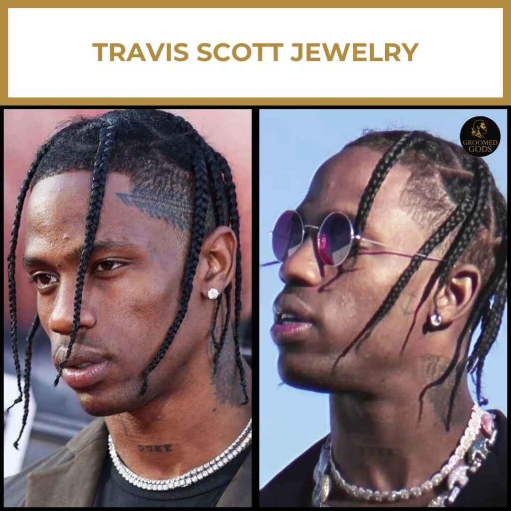 Travis Scott Jewelry Travis Scott wearing diamond Cuban link chains, stud earrings, and round sunglasses, showcasing his luxury jewelry style.