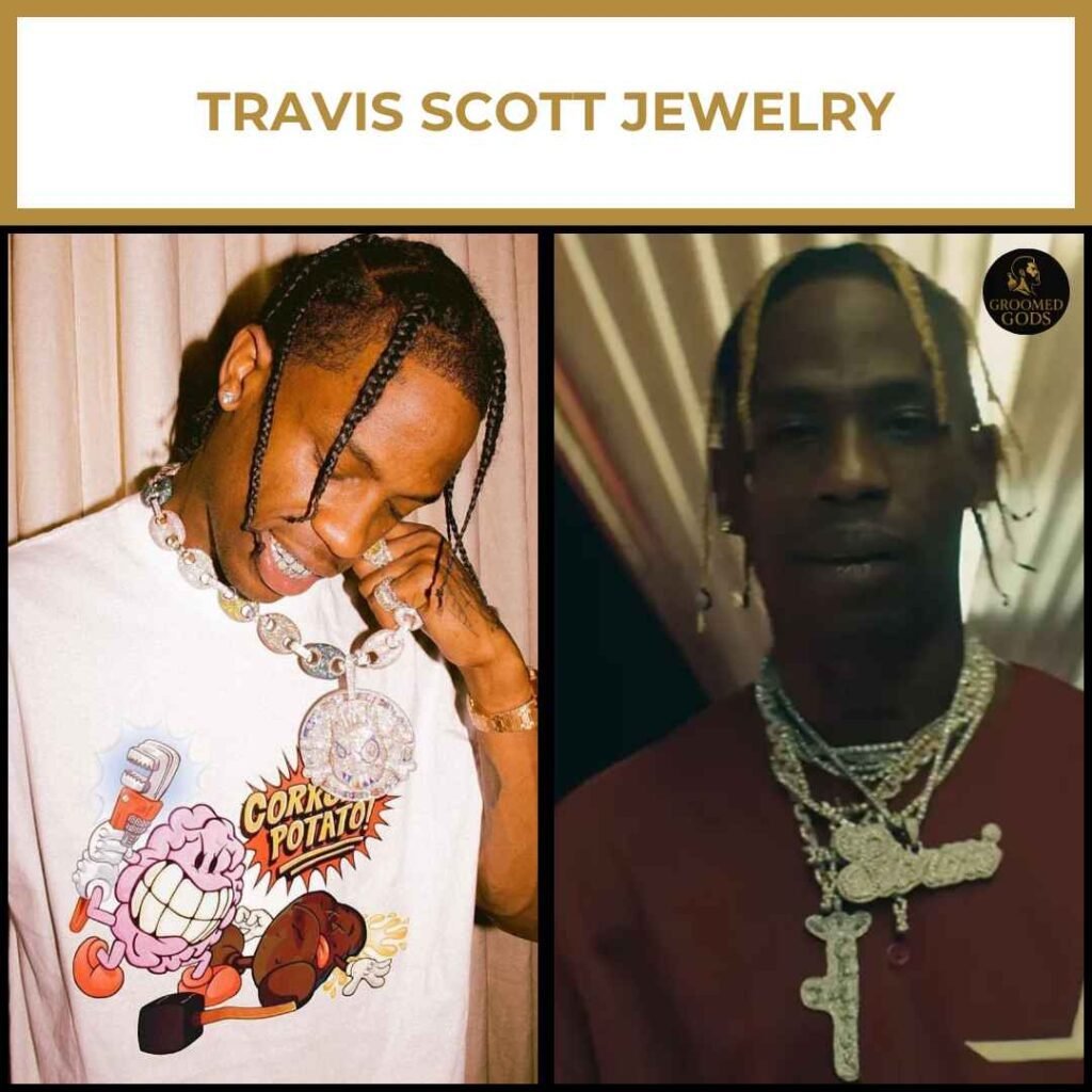 Travis Scott Jewelry Collection Travis Scott wearing layered diamond chains, oversized pendants, and a custom iced-out necklace, showing his luxury jewelry collection.