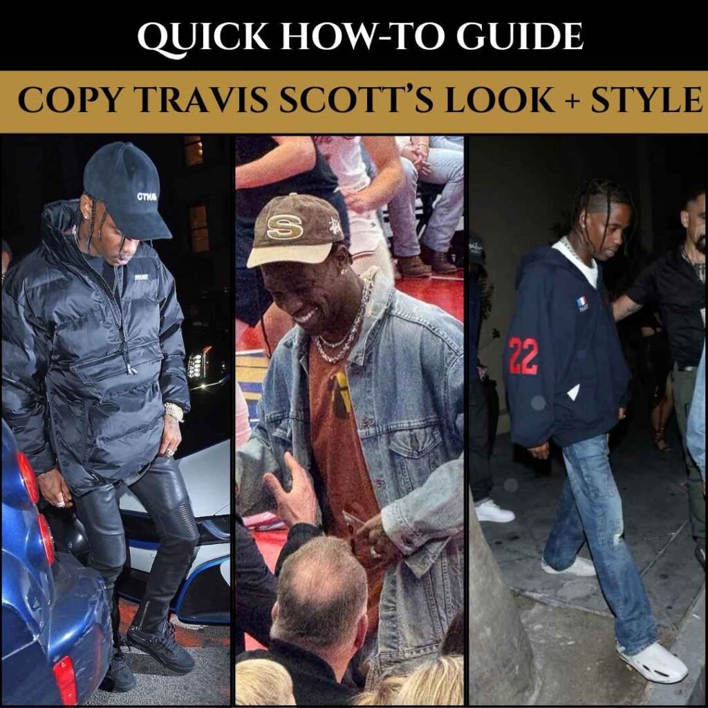 Travis Scott wearing a mix of luxury streetwear fits, including a puffer jacket, denim jacket, and hoodie with baggy jeans—showcasing his signature casual yet designer-inspired look.