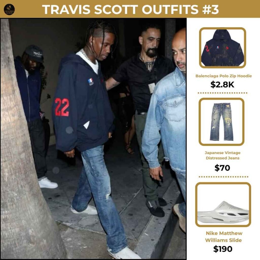 Travis Scott Outfit Breakdown #3 Travis Scott wearing a navy Balenciaga hoodie, distressed vintage jeans, and Nike Matthew Williams slides, blending high fashion with casual streetwear.