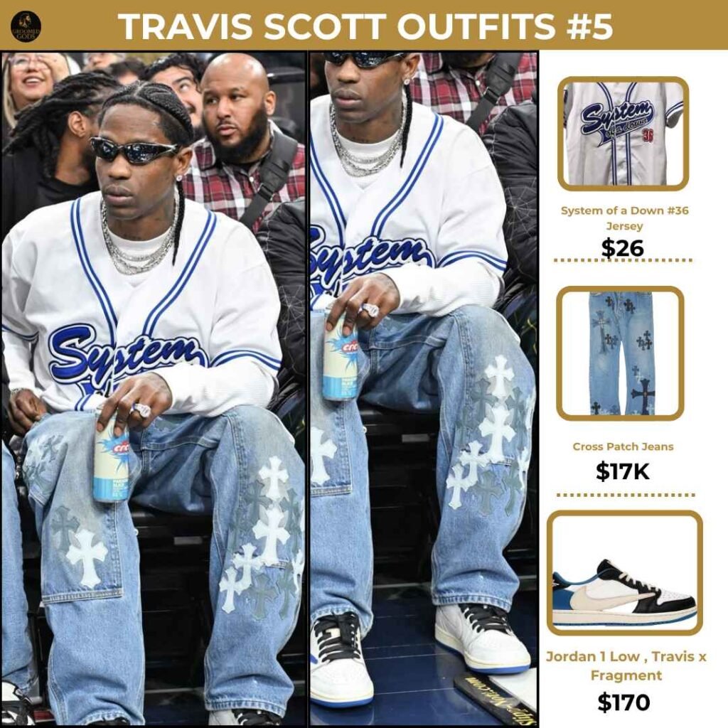 Travis Scott’s $17K Outfit Breakdown Travis Scott wearing a white System of a Down jersey, $17K cross patch jeans, and Travis Scott x Fragment Jordan 1 Lows, showcasing a full streetwear outfit breakdown.