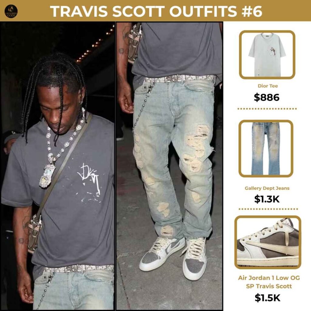 Travis Scott Outfit Breakdown #6 Travis Scott wearing a Dior tee, Gallery Dept. distressed jeans, and Air Jordan 1 Low OG “Reverse Mocha” sneakers, showing his signature mix of luxury and streetwear.