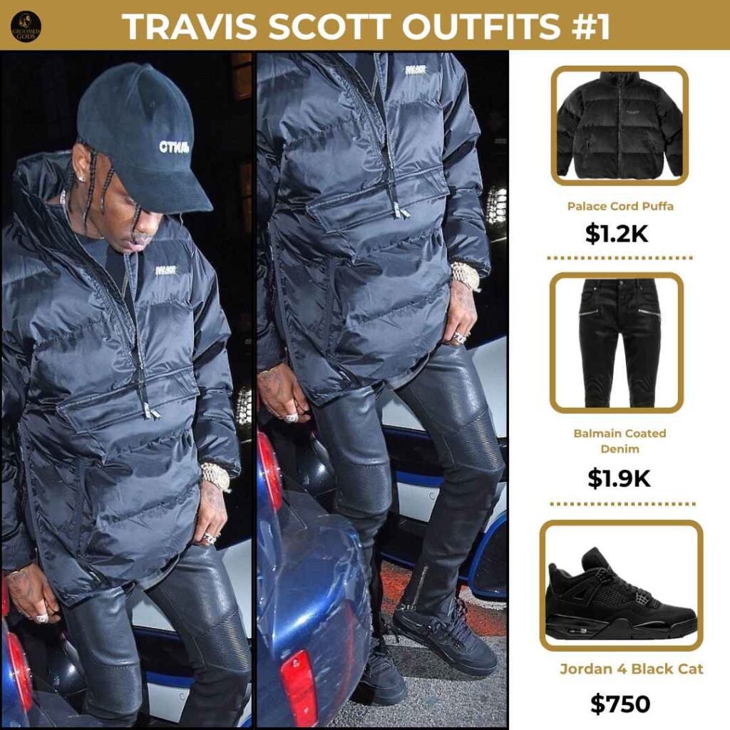 Travis Scott Outfit Breakdown #1 Travis Scott wearing a Palace Cord Puffa jacket, Balmain coated denim, and Jordan 4 Black Cat sneakers, combining high-end streetwear with a sleek black fit.