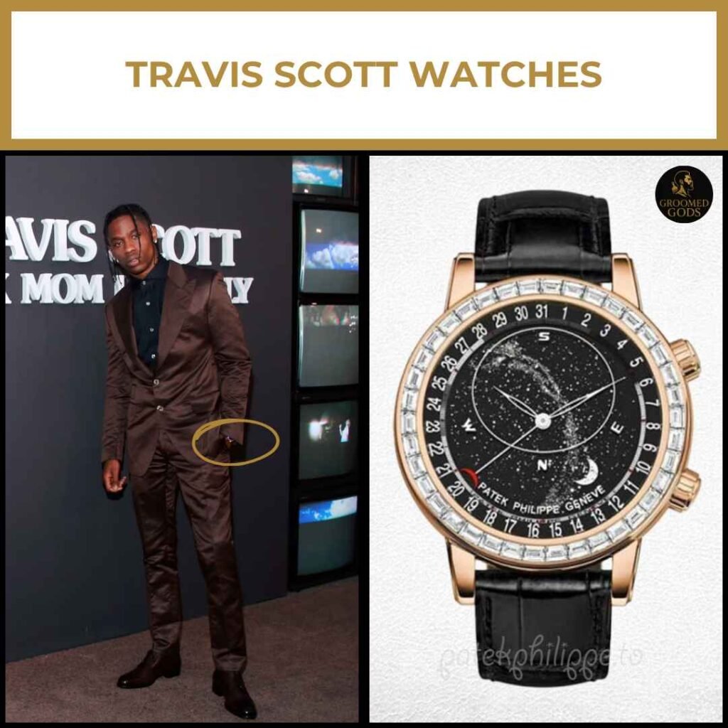 Travis Scott Watch Collection (Patek Philippe) Travis Scott wearing a brown designer suit and showcasing his luxury Patek Philippe Grand Complications watch, valued between $300K–$500K.