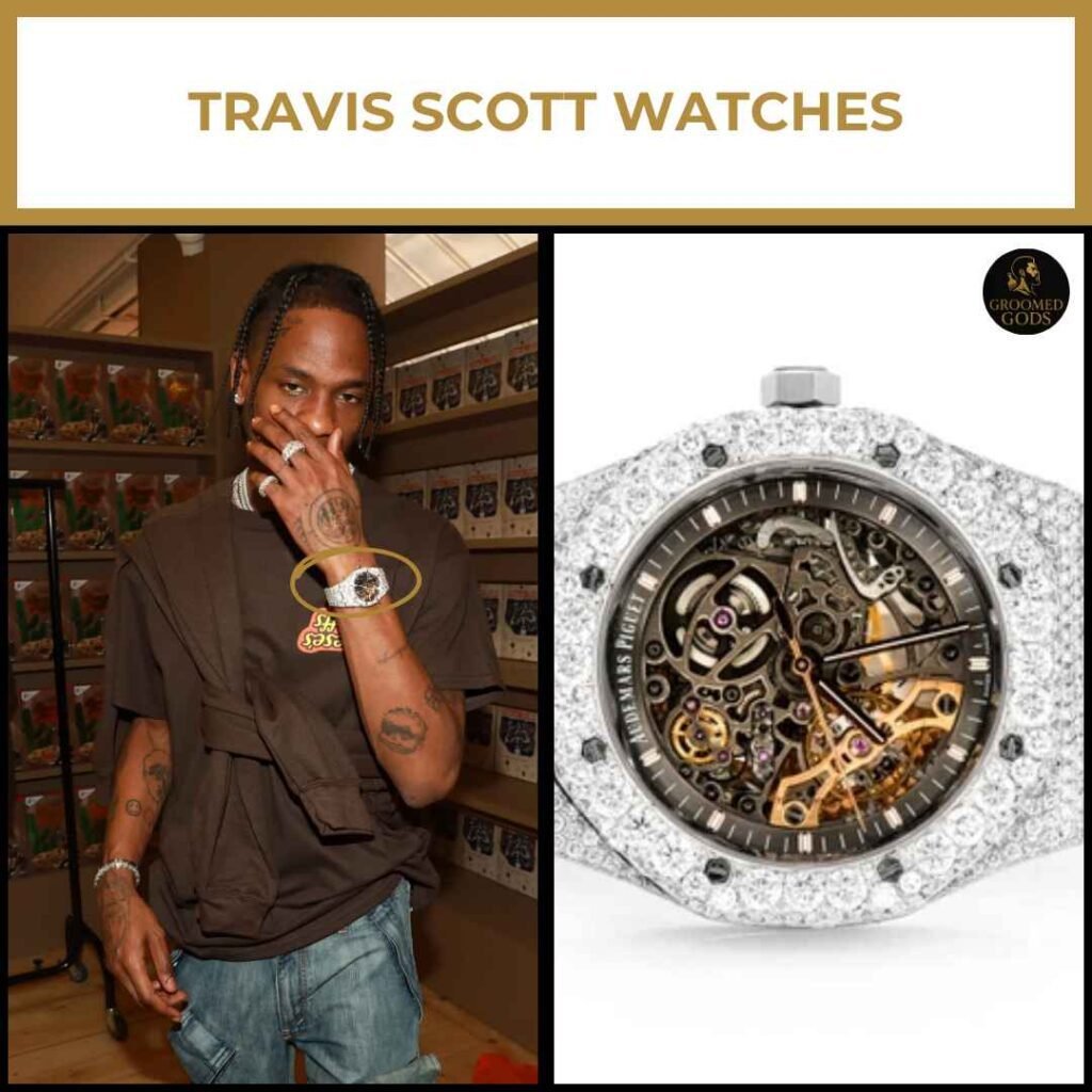 Travis Scott Watch Collection (Audemars Piguet) Travis Scott wearing a brown graphic tee and showcasing his iced-out Audemars Piguet Royal Oak Skeleton watch, fully customized by Icebox and valued over $500K.
