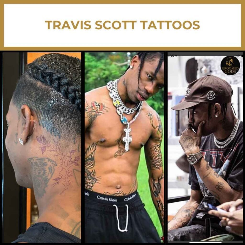 Travis Scott Tattoos and Meanings Travis Scott showing multiple tattoos across his neck, chest, and arms, including his Houston “713” tattoo, comic-inspired “POW!” design, and detailed panther ink.