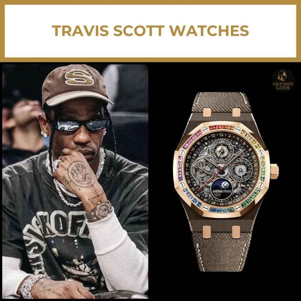 Travis Scott Audemars Piguet “Cactus Jack” Watch Travis Scott wearing a brown cap and diamond jewelry alongside his Audemars Piguet Royal Oak Perpetual Calendar Openworked “Cactus Jack” watch.