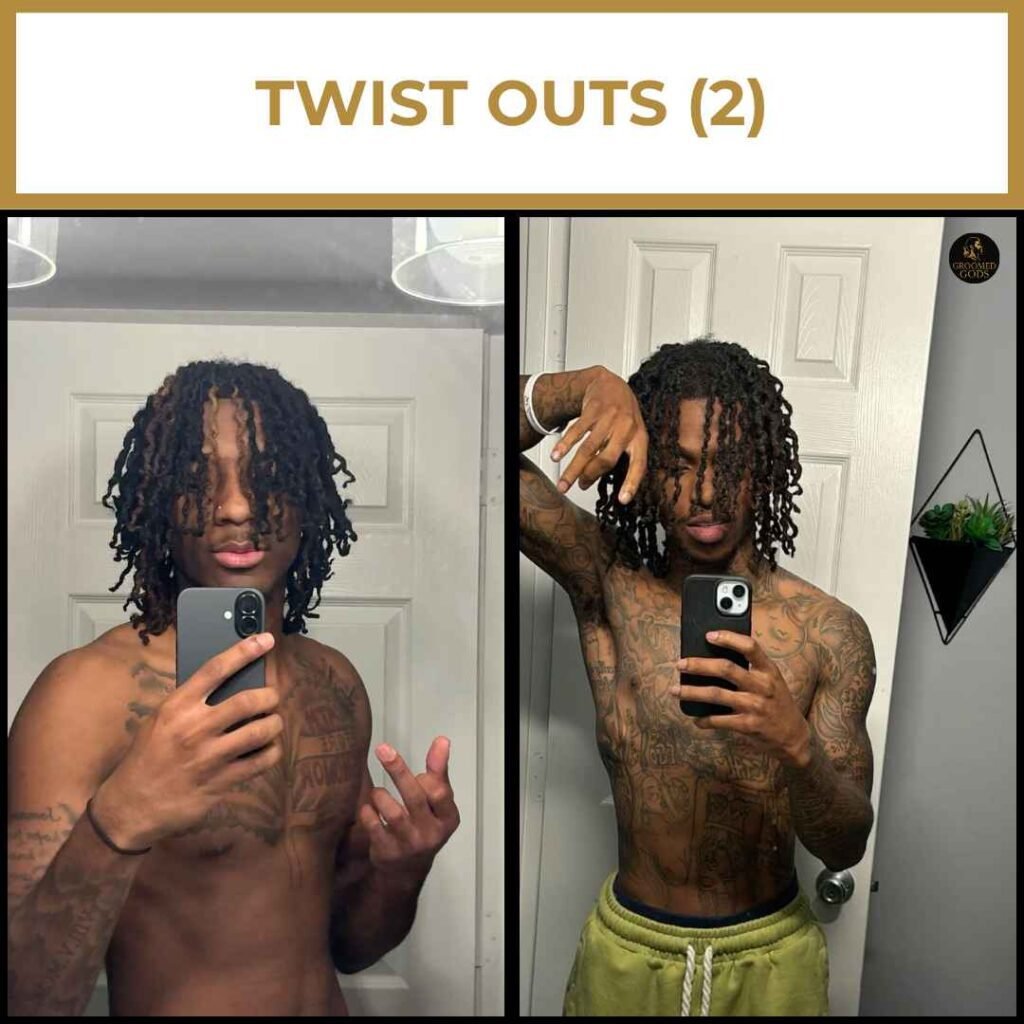 Medium-Length Twist Out on Black Men Black man with twist-out hairstyle taking mirror selfies; his hair is shoulder-length, slightly frizzy, and full of texture, with visible chest tattoos in both shots.