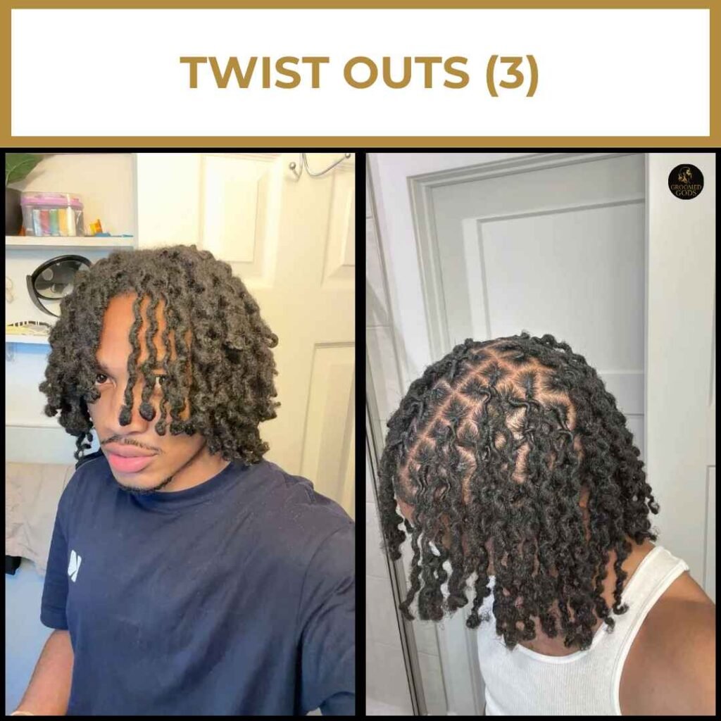 Twist Outs with Diamond Parts on Black Men Black man with medium-length twist outs and defined parting; front view shows thick curls hanging forward, side view shows intricate diamond part design across the scalp.