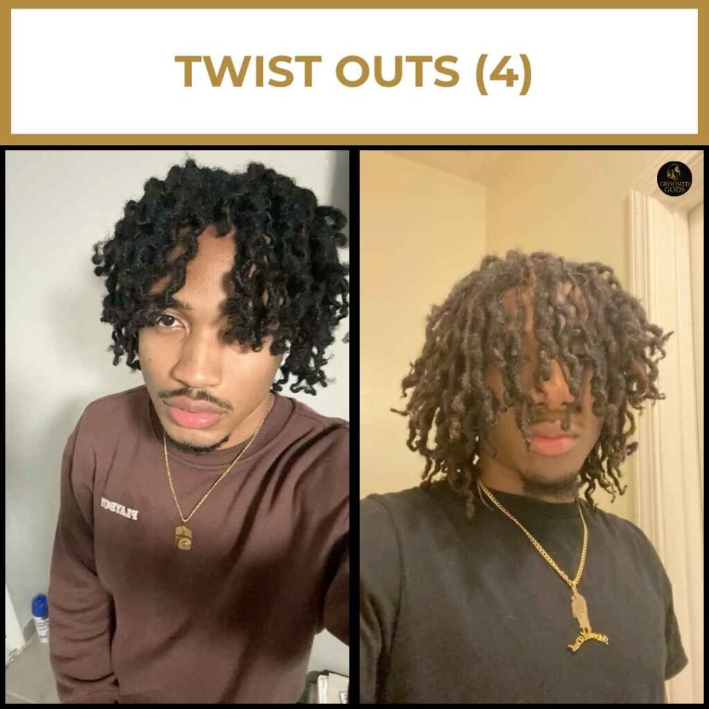 Thick Front-Hanging Twist Outs for Black Men Black man with medium-length twist outs, front views showing thick curls falling forward; one with jet black twists and the other with dyed brown tips, both styled loose and natural.