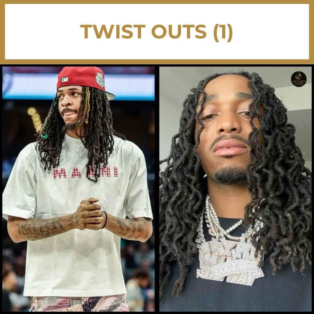 Long Twist Outs With Center Part for Black Men Black men with long twist outs, one wearing a red Miami snapback and tee, the other styled with diamond chains and middle-parted twists falling to his chest.