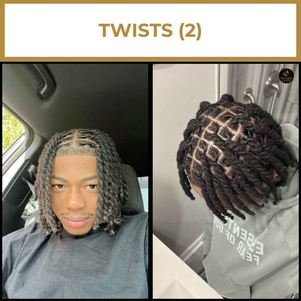 Clean Two-Strand Twist Styles With Sharp Parting for Black Men Black men with neat two-strand twists and crisp parting; one with chin-length twists and a middle part, the other showing a clean top-down grid pattern.