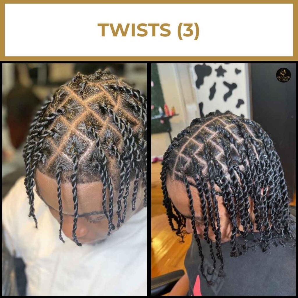 Square-Part Two-Strand Twists With Glossy Finish Black men with freshly done two-strand twists and precision square parting; tight, defined twists styled with high shine and neat edges.