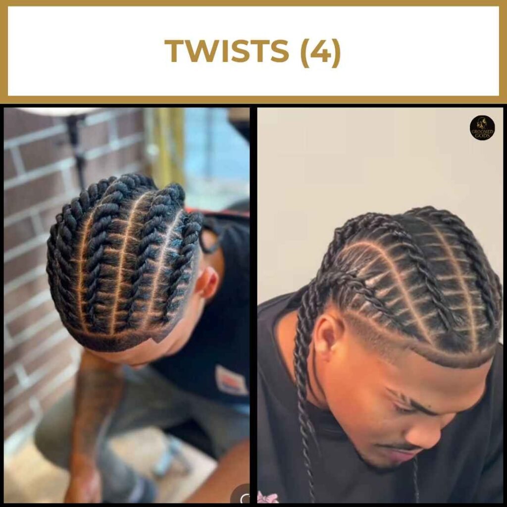Straight Back Jumbo Twists With Taper Fade Black men with jumbo twist braids in clean, straight-back rows; low taper fade paired with sharp, parted sections.