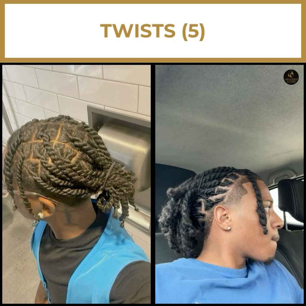 Curved-Part Twists Into Bun With Taper Two-strand twists with curved parting and a low bun; clean taper fade and twisted ponytail on Black men.