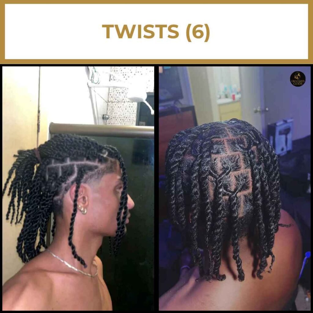 Two-Strand Twists With Clean Box Parts & Mid Taper Medium-length two-strand twists with clean square parts, mid-taper fade, and tied ponytail on a Black man.