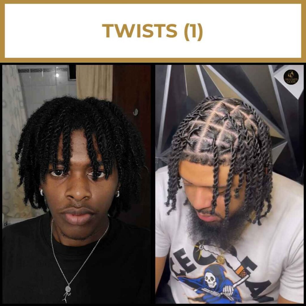Short Twist Styles With or Without a Part Short chunky twists with no defined parting on one side, paired with clean two-strand twists and a precision middle part on the other.