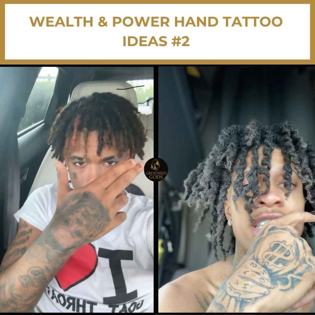 wealth-power-hand-tattoo-ideas-2 Two young men showing off detailed hand tattoos symbolizing wealth and power; one wearing a white “I Love That Throat” t-shirt, the other shirtless with dreadlocks and a large tattoo on his left hand.