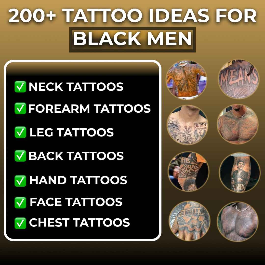 Collage graphic showing 200+ tattoo ideas for Black men, including neck, forearm, leg, back, hand, face, and chest tattoo examples.