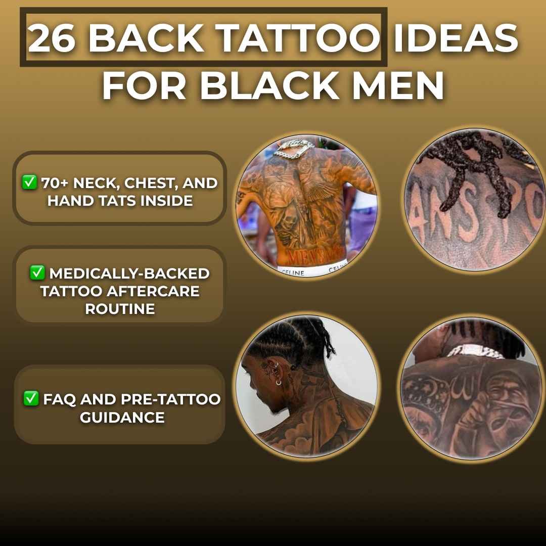 Collage image titled “26 Back Tattoo Ideas for Black Men,” showing multiple back, neck, and chest tattoos on Black men with gold background and aftercare highlights.