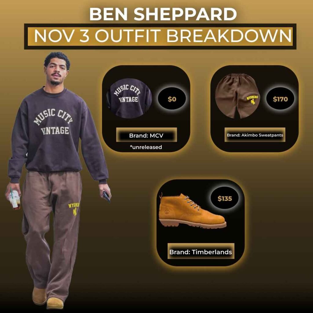 Ben Sheppard wearing a “Music City Vintage” sweatshirt, Akimbo sweatpants, and Timberland boots — full outfit breakdown with prices and brand tags on gold background.