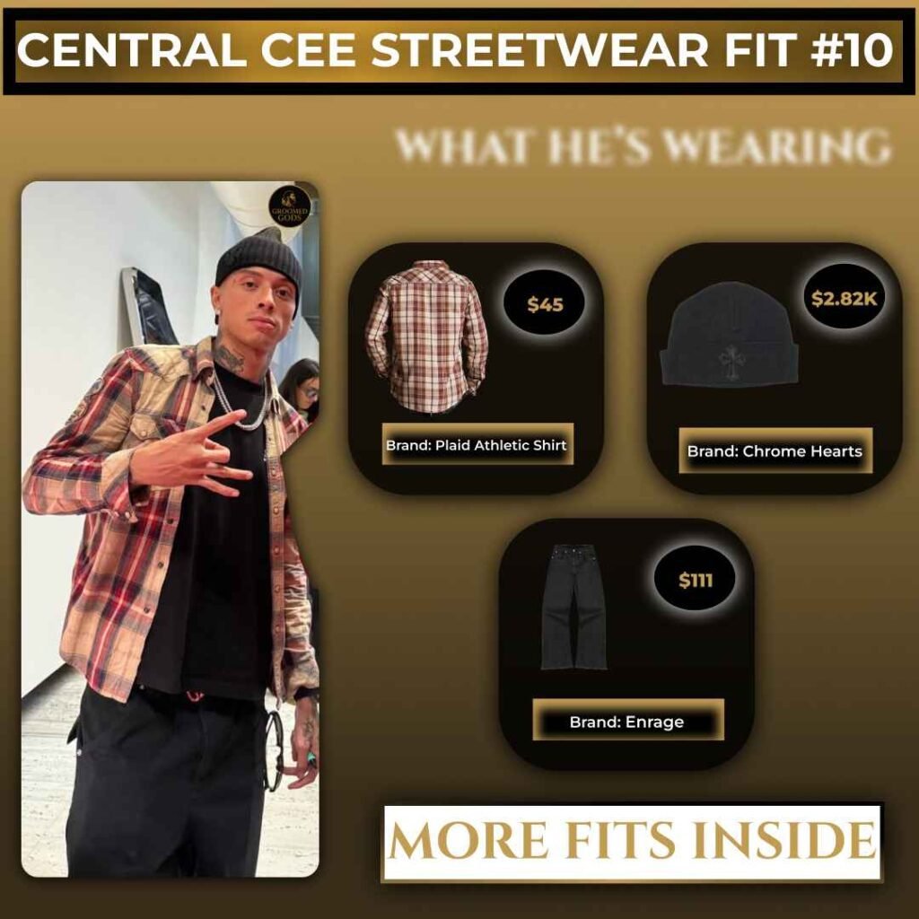 Central Cee streetwear outfit featuring a Plaid Athletic Shirt, Chrome Hearts beanie, and Enrage pants with item prices.
