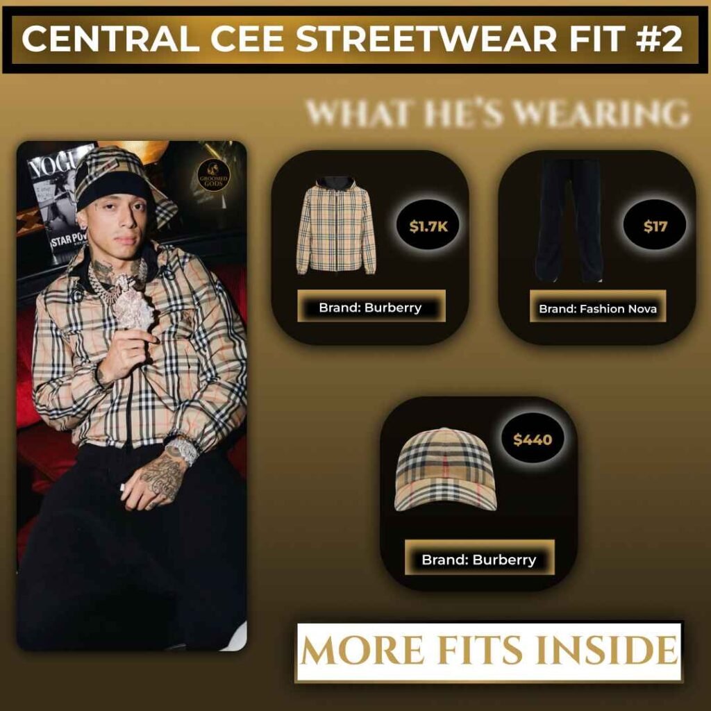 Central Cee wearing a Burberry shirt and Burberry cap, with callouts for a Burberry top ($1.7K) and Fashion Nova pants ($17), shown in a streetwear outfit breakdown.