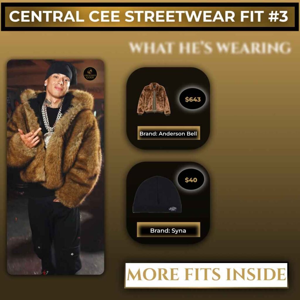 Central Cee wearing a brown faux-fur jacket and black beanie in a streetwear outfit breakdown, featuring the Anderson Bell fur jacket ($643) and Syna black beanie ($40).
