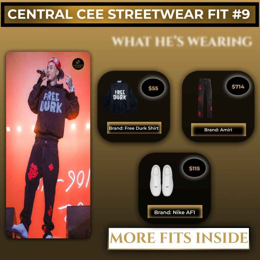 Central Cee wearing a “Free Durk” sweatshirt, Amiri sweatpants with red patches, and white Nike Air Force 1 sneakers in a streetwear fit breakdown graphic labeled Fit #9.